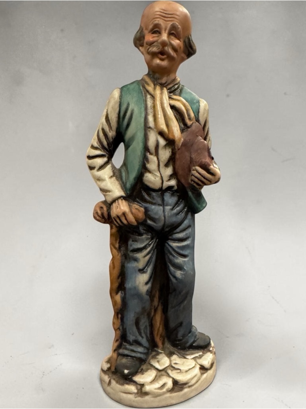 Vintage Rustic Hand-Painted Figurine in Green and Tan 10”